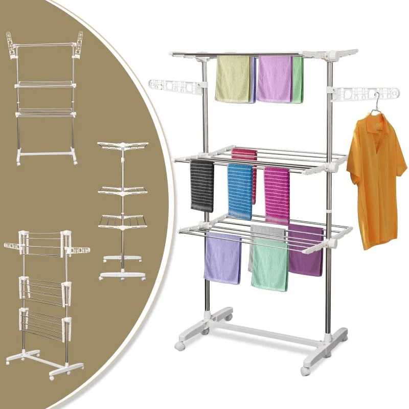HOMCOM 3-Tier Clothes Drying Rack Foldable Laundry Dryer Hanger Airer Compact Storage Stainless Steel Hanging Rods