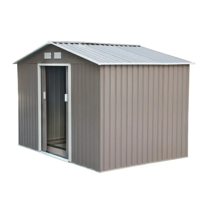 Outsunny 9'x6.3'Garden Storage Outdoor Shed w/ Floor Foundation Outdoor Yard Metal Tool Storage House Grey White
