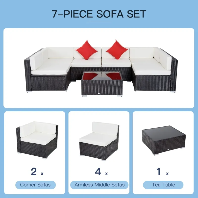 Outsunny 7Pcs Outdoor Rattan Wicker Sofa Patio Sectional Furniture Set w/ Coffee Table Cushioned Seat Garden w/ Cushion