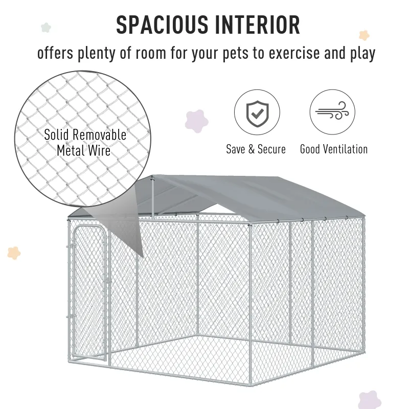 PawHut Outside Dog Kennels 10'Lx10'Wx6'H Large Outdoor Dog Playpen Galvanized Pet Exercise House Cage with Canopy Roof, Silver