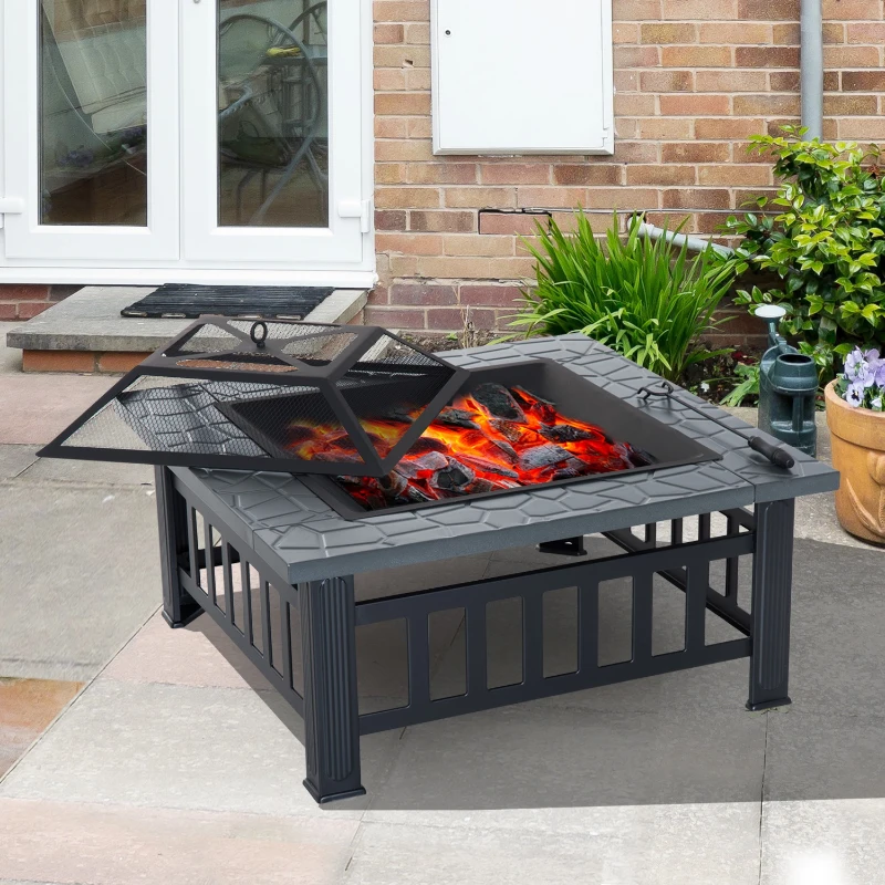 Outsunny Metal Fire Pit Square Fire Fit 32Inch Outdoor Steel Firepit Backyard Patio Garden Stove w/ Rain Cover