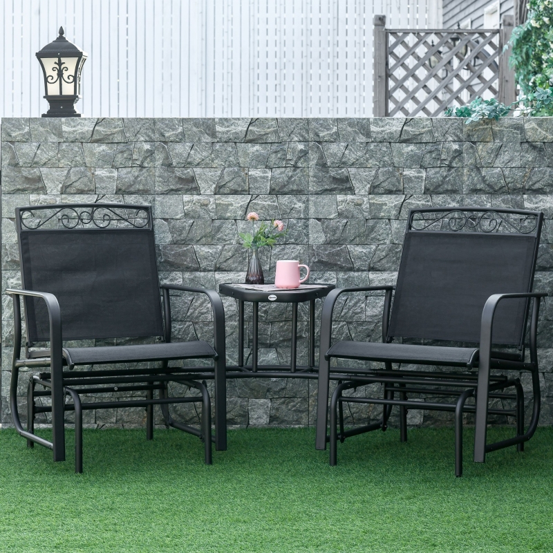 Outsunny Outdoor Glider Bench with Coffee Table, Patio 2-Seat Rocking Chair Swing Loveseat with Breathable Sling for Backyard Garden Porch, Black