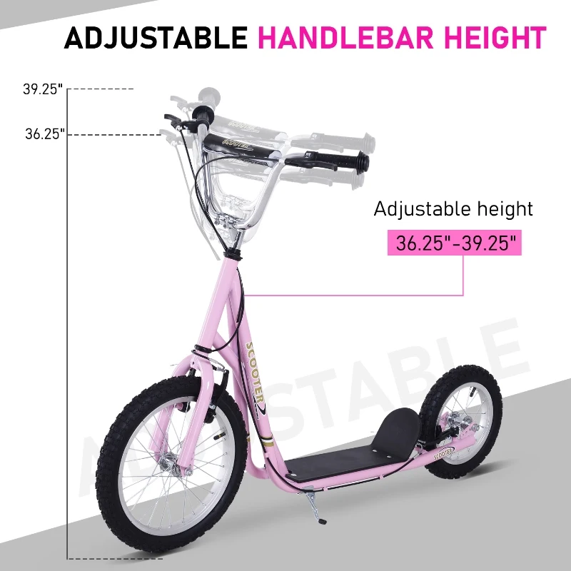 Homcom Adjustable Teen Kick Scooter Child Pro Stunt Scooter Ride On Speeder Kids Street Bike 16" Inflatable Tire Pink