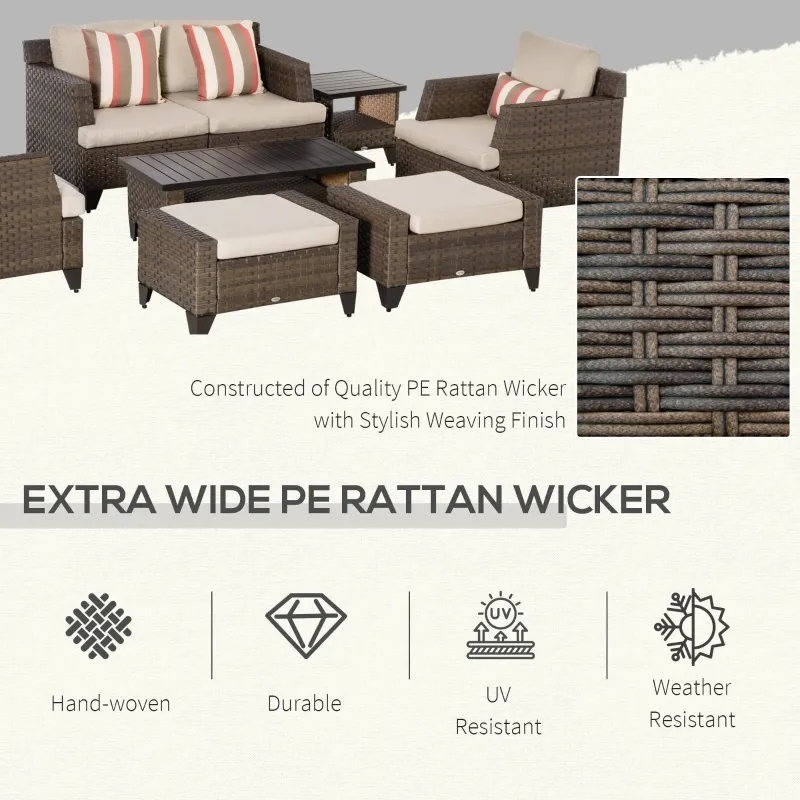Outsunny 8 Pieces Wicker Patio Furniture Set, Outdoor PE Rattan Sectional Conversation Sofa Set w/ Aluminum Plate Top Table, Side Table & Cushions for Garden, Backyard, Beige