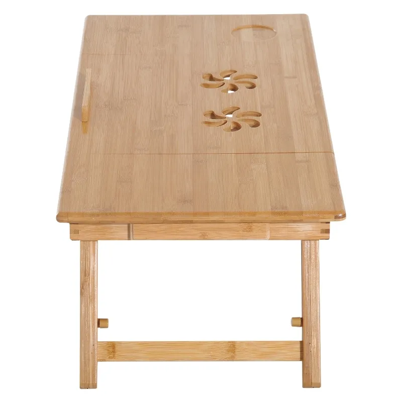 HOMCOM Bed Tray Table Adjustable Bamboo Laptop Tray Desk Notebook Table with Side Drawer and Foldable Legs