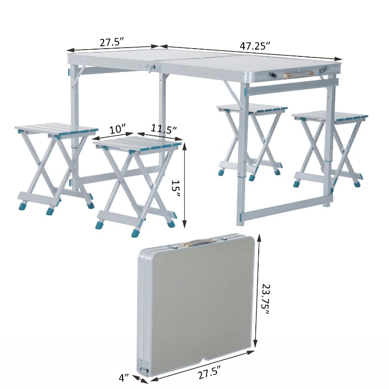 Outsunny 4' Aluminum Portable Folding Outdoor Picnic Camping Table with 4 Seats - Silver