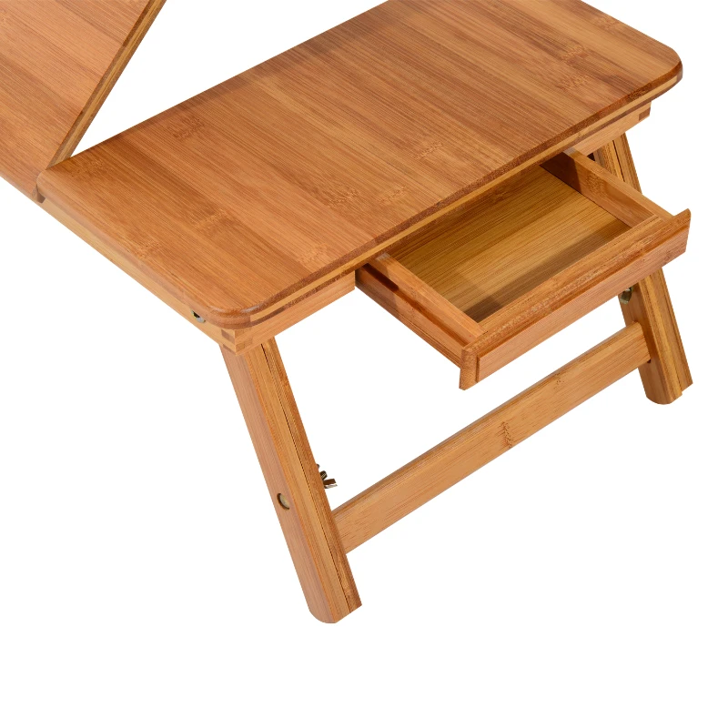 HomCom 28” Adjustable Wooden Folding Bamboo Laptop Bathtub Tray Table With Storage Drawer