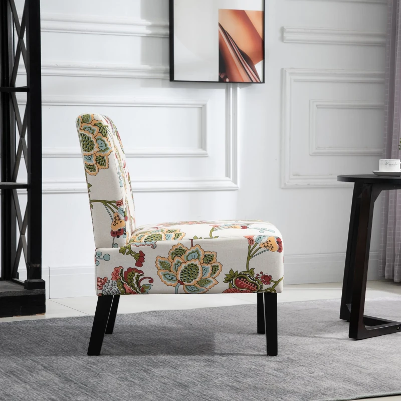 HOMCOM Linen Fabric Dining Chair with Pine Wood Legs and Sponge Padded Cushion, for Living Room, Dining Room, Flower Pattern