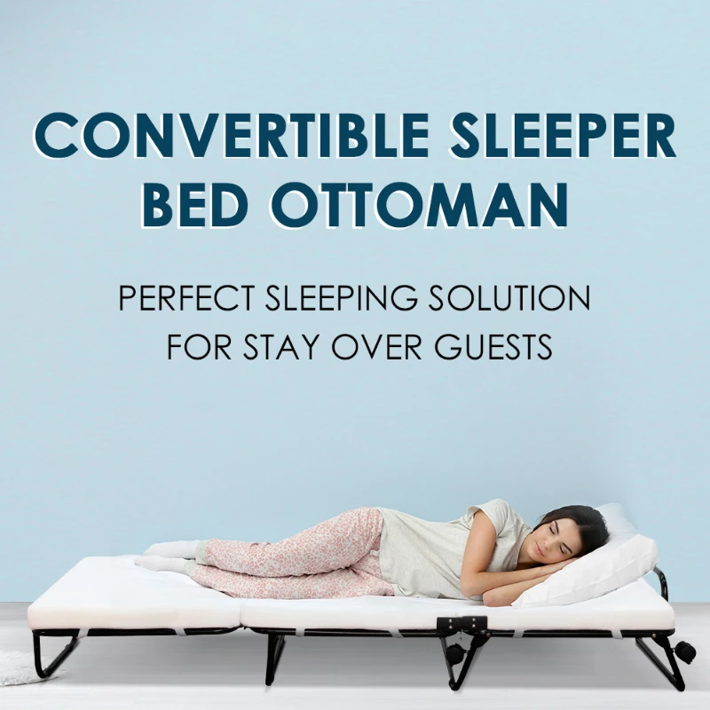 HomCom Twin Size Folding Convertible Sleeper Bed Ottoman with Beige Slipcover