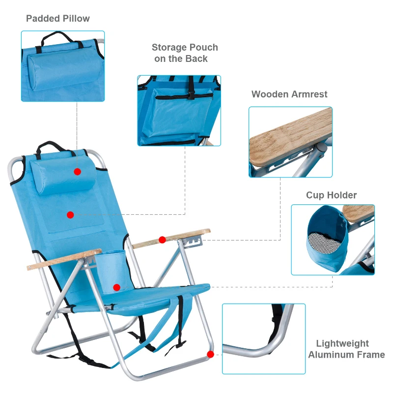 Outsunny Aluminum Outdoor Folding Reclining Camping Chair Backpack Portable Picnic Seat w/ Headrest And Cup Holder - Blue