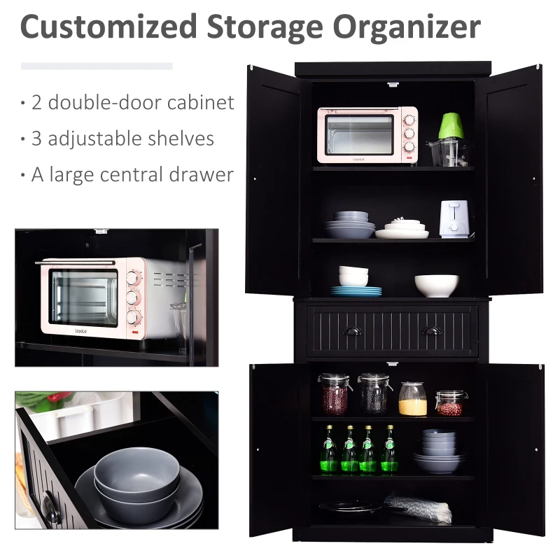 HomCom 72" Traditional Colonial Style Freestanding Kitchen Pantry Cupboard Storage Cabinet with Drawers - Black