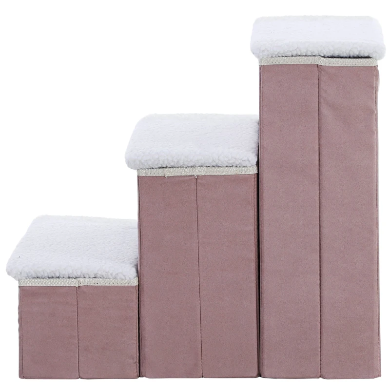 PawHut 3 Step Foldable Pet Stairs for Small Dogs  Suede Fleece  16” L x 20” H - Grey