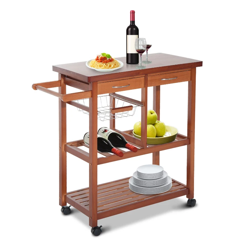 HomCom 32" Wooden Rolling Kitchen Cabinet Organizer Cart with 3 Bottle Wine Rack