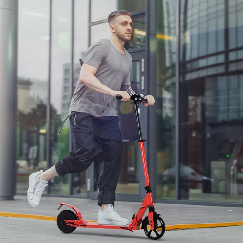 HOMCOM Kick E-Scooter Folding Adjustable - 8" Solid Wheels - Designed For Ages 14+ - Red