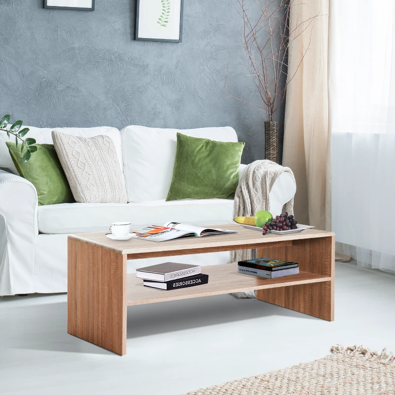 HOMCOM 2 Tier Coffee Table Rustic Living Room Table Indoor Rectangle Wood Coffee Table - Oak