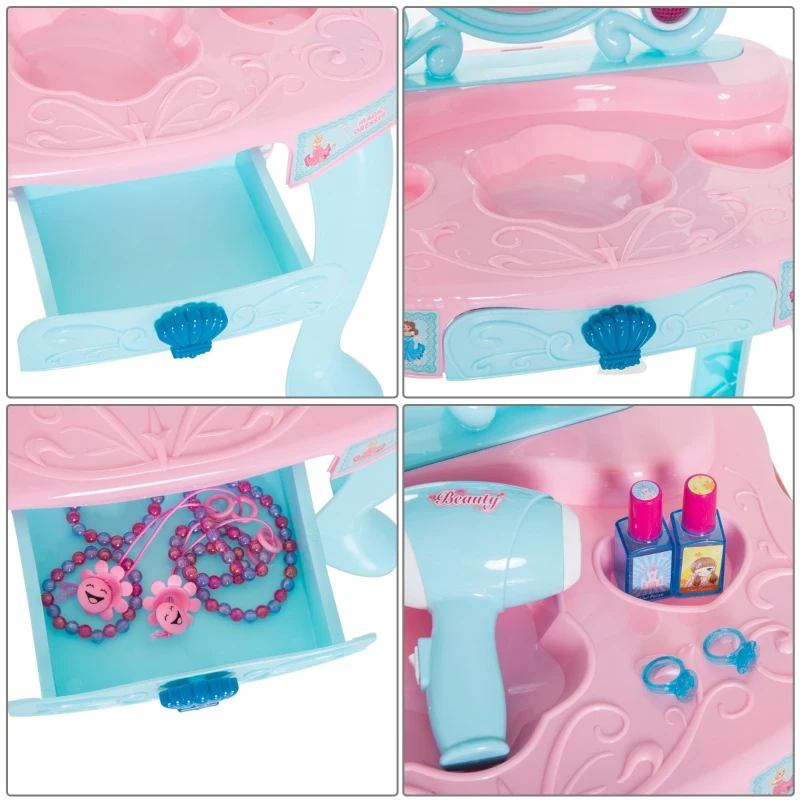 Qaba 2-in-1 Kids Pretend Play Set Piano Princess Vanity Table with Lights, Sounds and Accessories - Light Blue / Pink