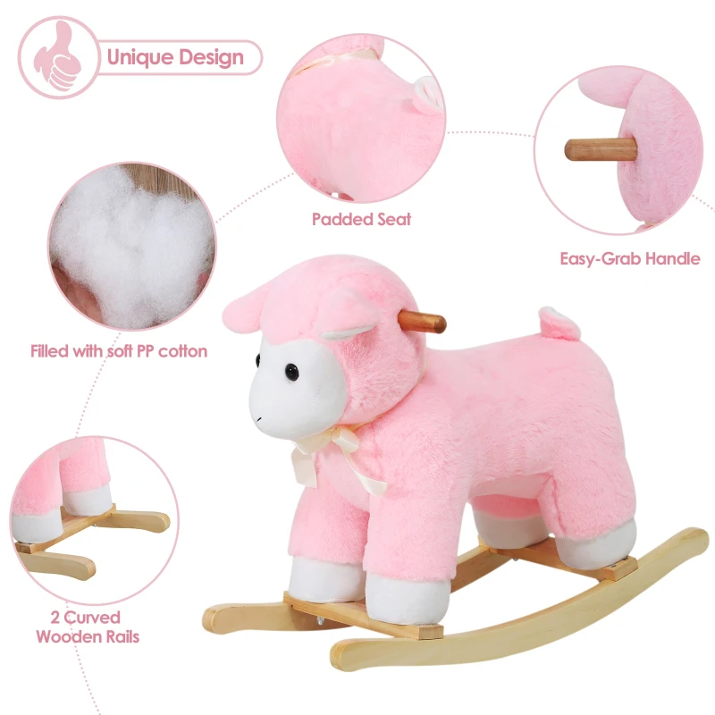 Qaba Lamb Rocking Horse Sheep Stuffed Animal Ride On Rocker for Kids / Nursery - Wooden Plush - Pink