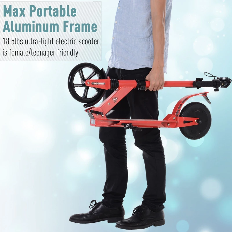 HOMCOM Kick E-Scooter Folding Adjustable - 8" Solid Wheels - Designed For Ages 14+ - Red