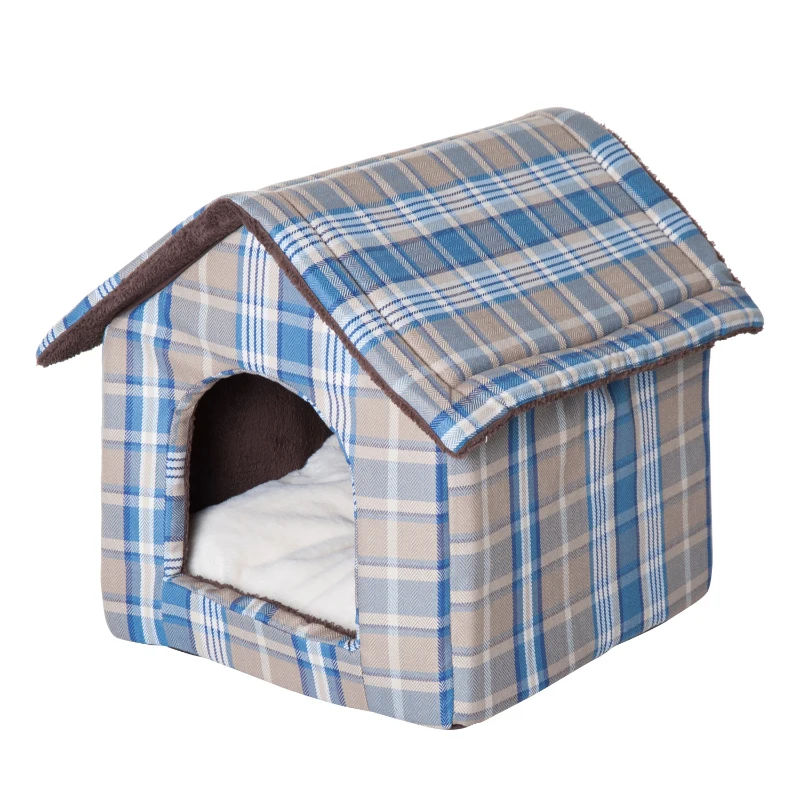 PawHut 23” x 19” Portable Indoor Soft Cat Dog House Pet Cuddle Cave With Removable Cushion - Blue Plaid