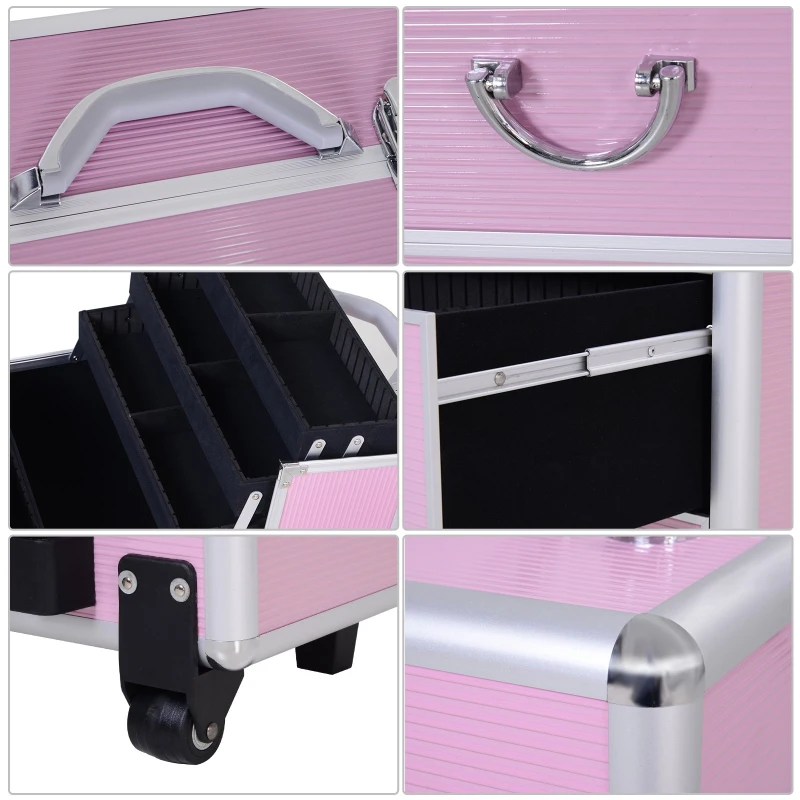 Soozier Large Makeup Train Case Professional MUA Vertical Rolling Full Travel Vanity Case - Pink