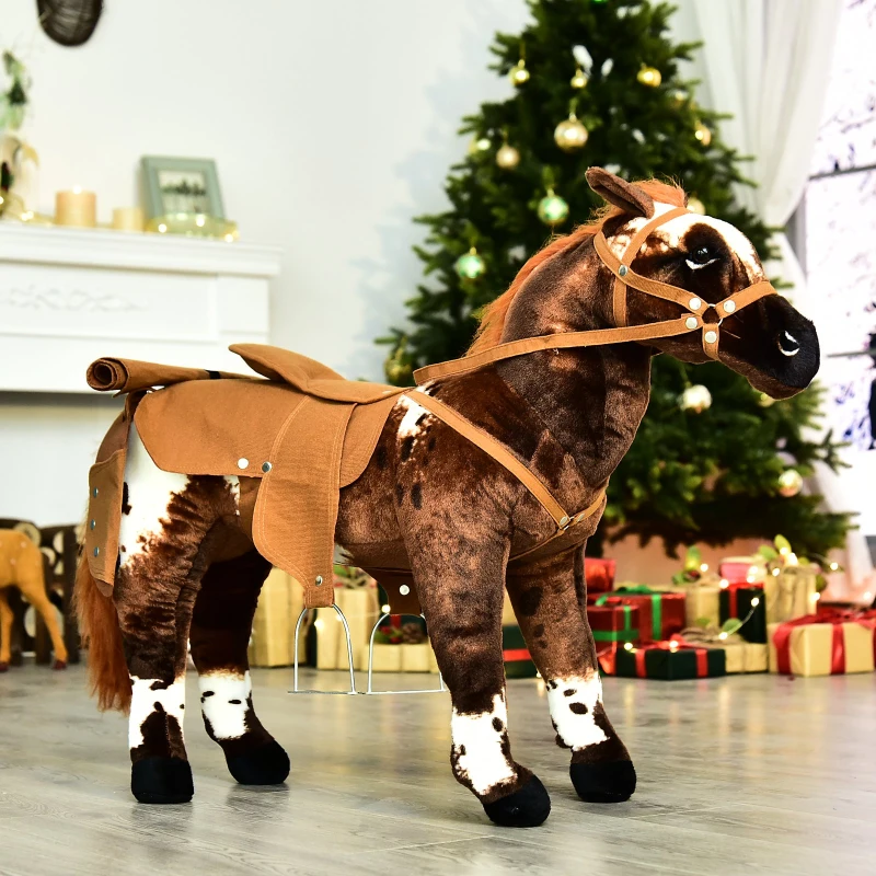Open Box Qaba Children's Plush Interactive Standing Ride-On Horse Toy with Sound - Dark Brown / White
