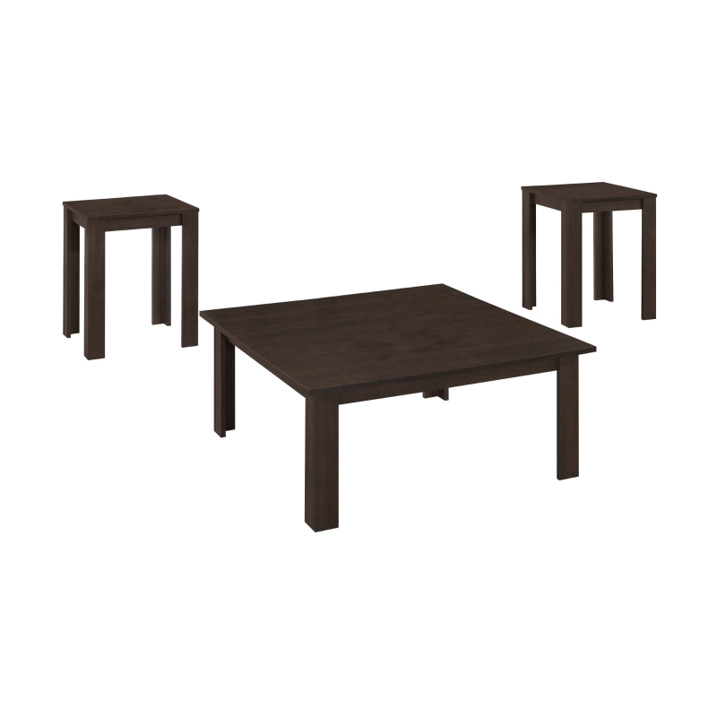 Monarch 3 Piece Contemporary Square Wood-Look Coffee Table / Two Matching End Tables Set - Cappuccino