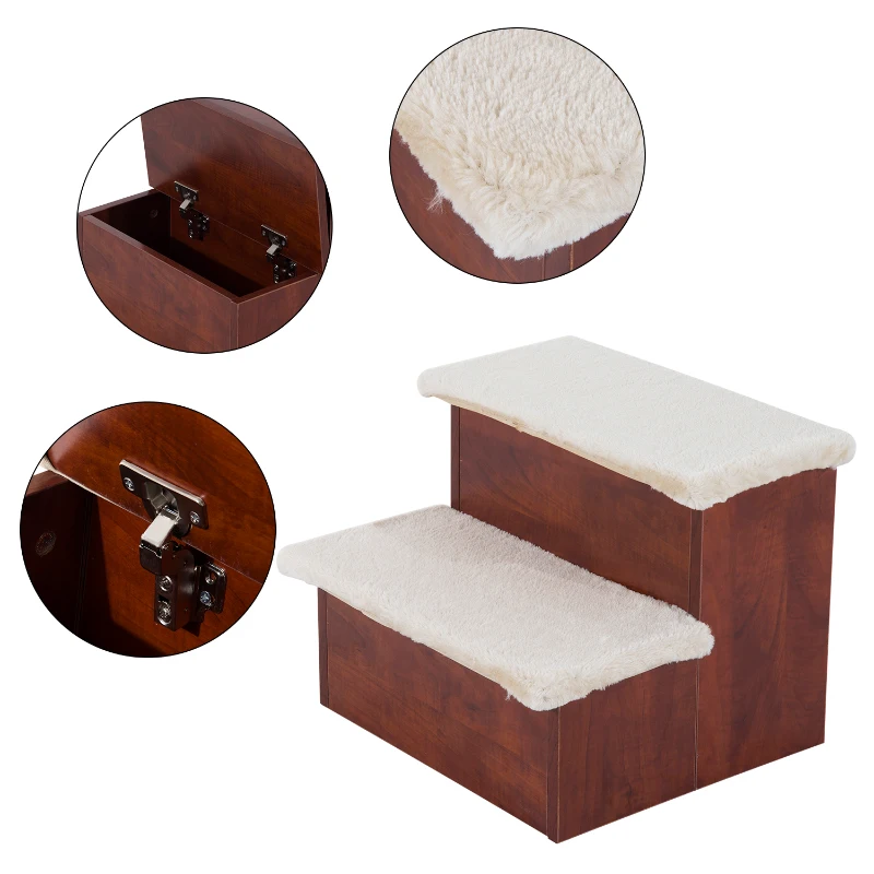 PawHut 14" 4 Step Portable Folding Wooden Easy Climb Pet Stairs Ramp with Storage Compartments