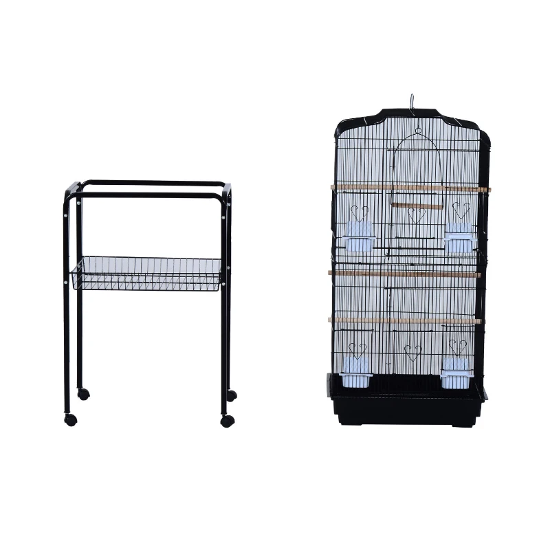 PawHut 63" Large Metal Wire Indoor Bird Cage Playhouse Kit with Detachable Rolling Stand, Storage Basket, and Accessories - Black