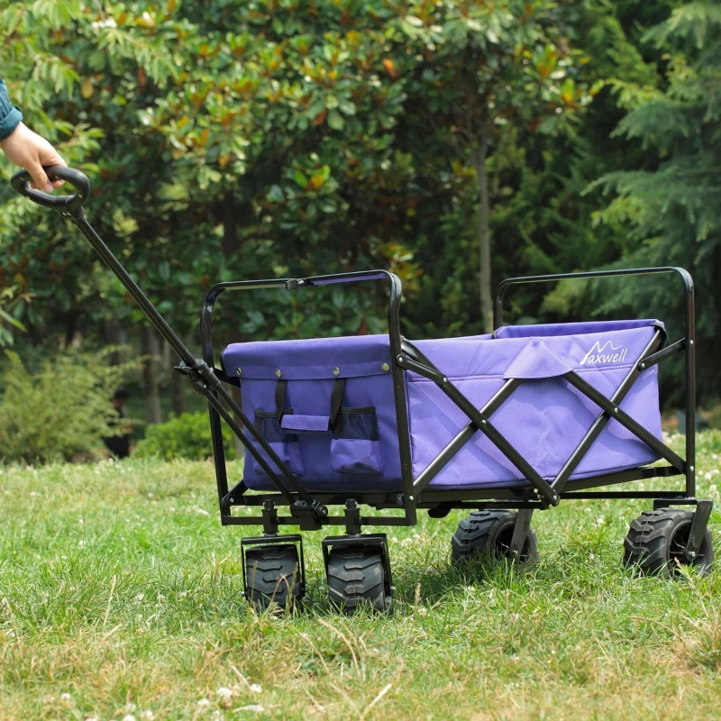 Aosom Utility Folding Wagon Big Wheels Compact Outdoor Garden Cart with Steel Structure for Shopping, Fishing, Gardening, Camping, Beach - Purple