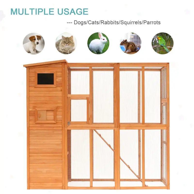 PawHut 77" x 38" x 69" Large Safe Wooden Outdoor Cat Enclosure Catio Cage Playpen Small Animal Habitat Home with Ramp and Covered House