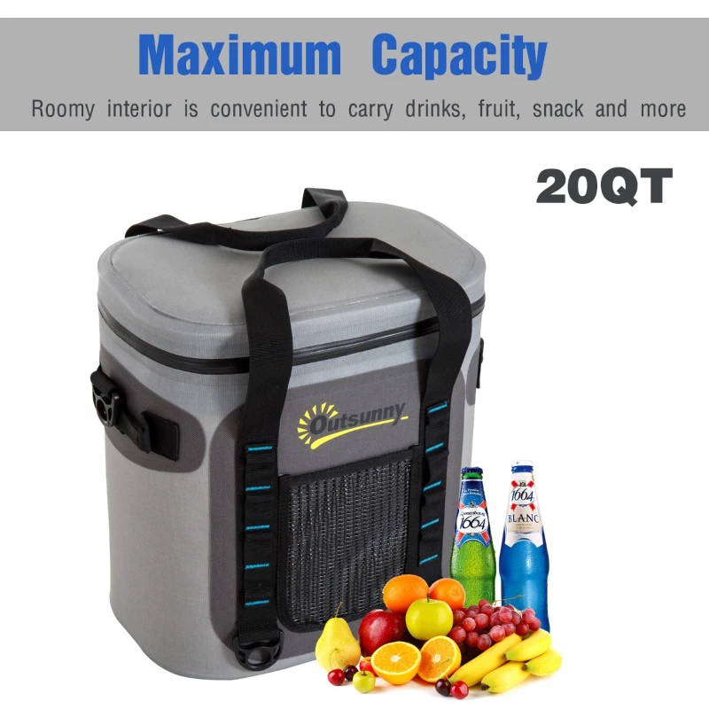 Outsunny 20 Quart Waterproof Portable Insulated Soft Sided Cooler Picnic Tote Bag - Grey