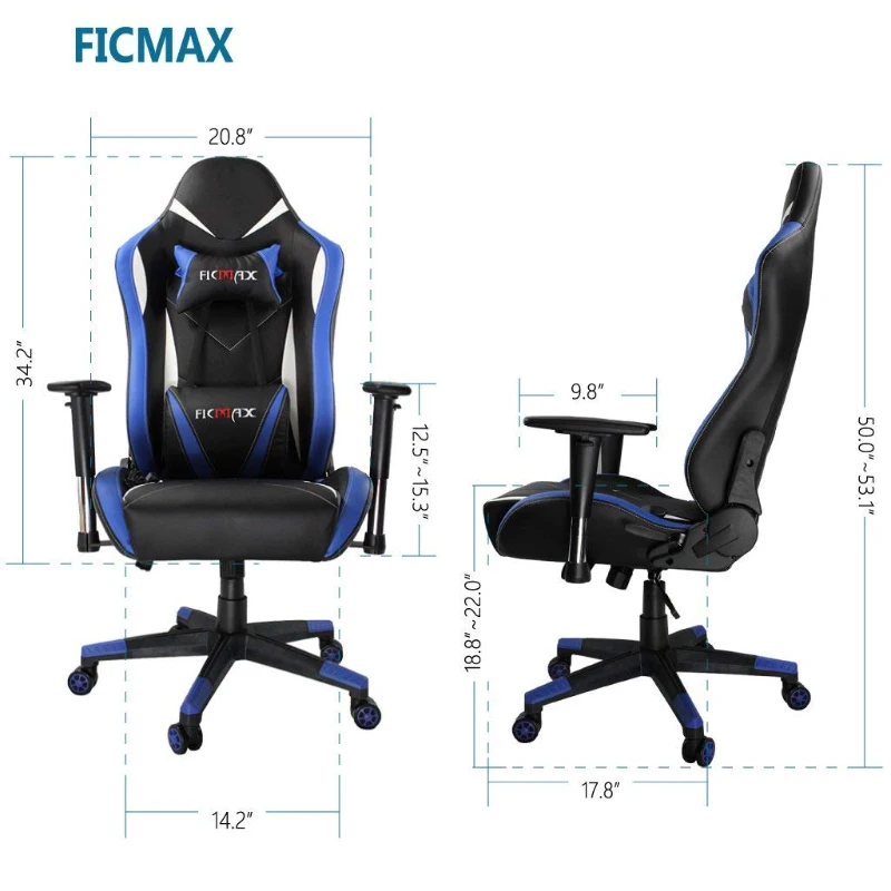 Office Chair Ergonomic Racing Style Computer Chair High-Back PC Swivel Seat with Massage Lumbar Support and Headrest Pillow - Blue/Black