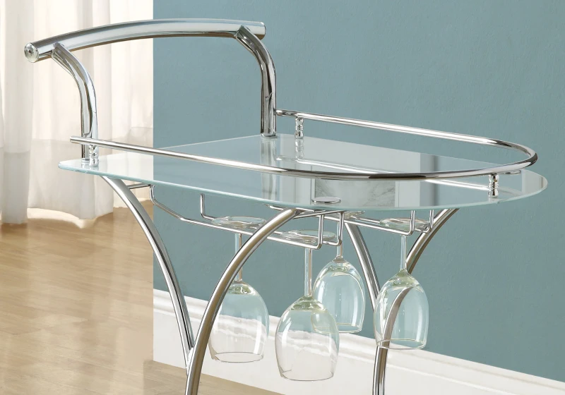 Monarch Contemporary Frosted Glass Shelves Chrome Metal Frame Drink Serving Cart with Bottle and Glass Storage