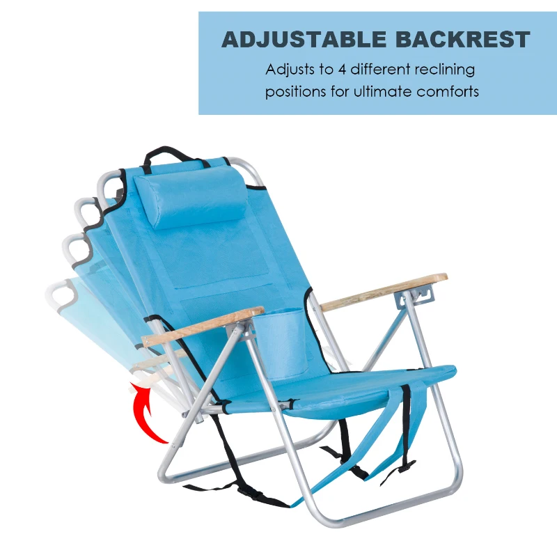 Outsunny Aluminum Outdoor Folding Reclining Camping Chair Backpack Portable Picnic Seat w/ Headrest And Cup Holder - Blue