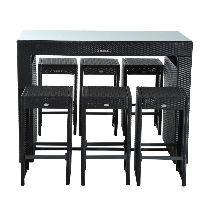Outsunny 7 Piece Outdoor Patio Rattan Wicker Bar Stool Dining Table Set