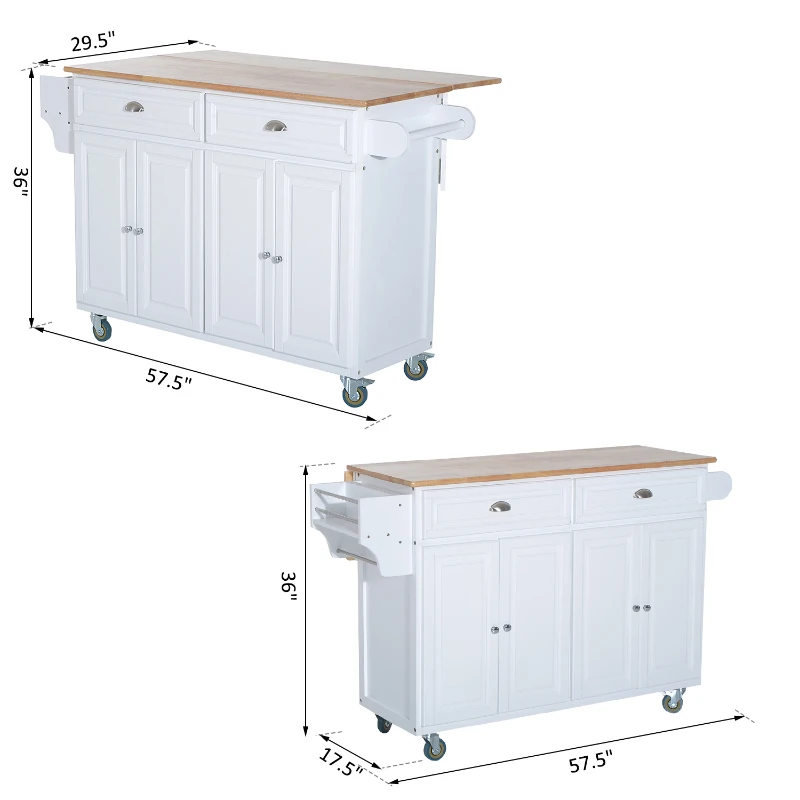 HomCom Kitchen Rolling Island Cart with Drawers Wood Top Drop-Leaf Table Cart on Wheels - White