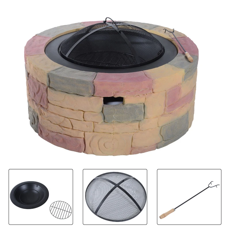 Outsunny 35" Round Decorative Stone Patio Fire Pit