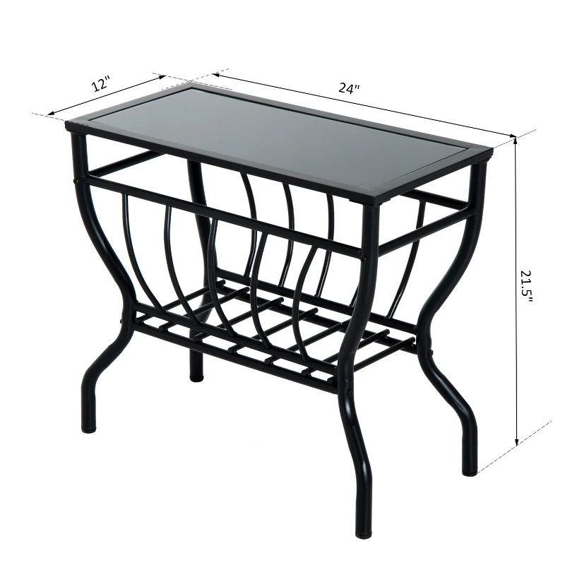 HomCom Metal Magazine Rack End Table w/ Glass Top - Black Glass Top