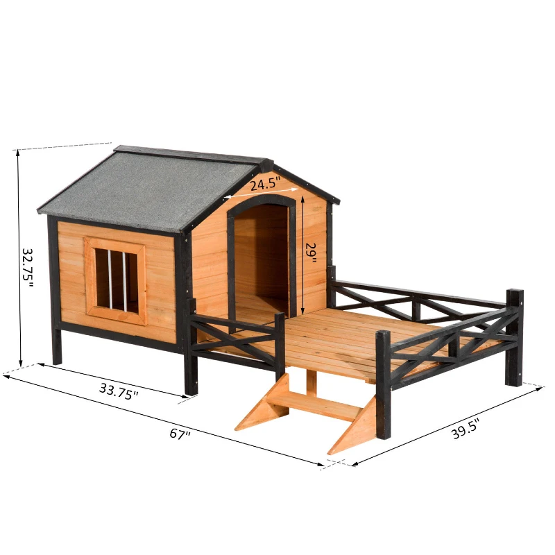 PawHut 67" Large Wooden Cabin Style Elevated Indoor and Outdoor Pet Dog House Kennel with Porch