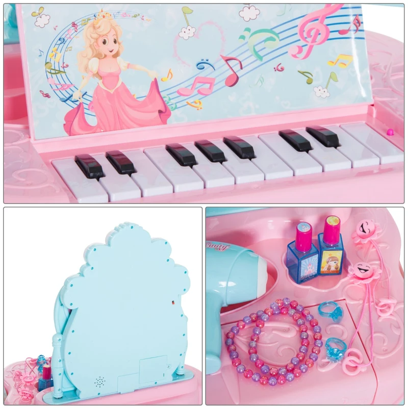 Qaba 2-in-1 Kids Pretend Play Set Piano Princess Vanity Table with Lights, Sounds and Accessories - Light Blue / Pink