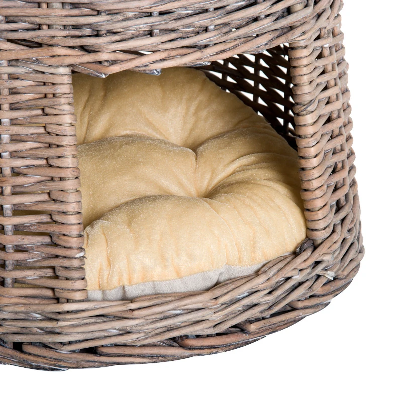 PawHut 24" 3 Tier Round Rattan Wicker Elevated Cat Bed Condo with Cushions