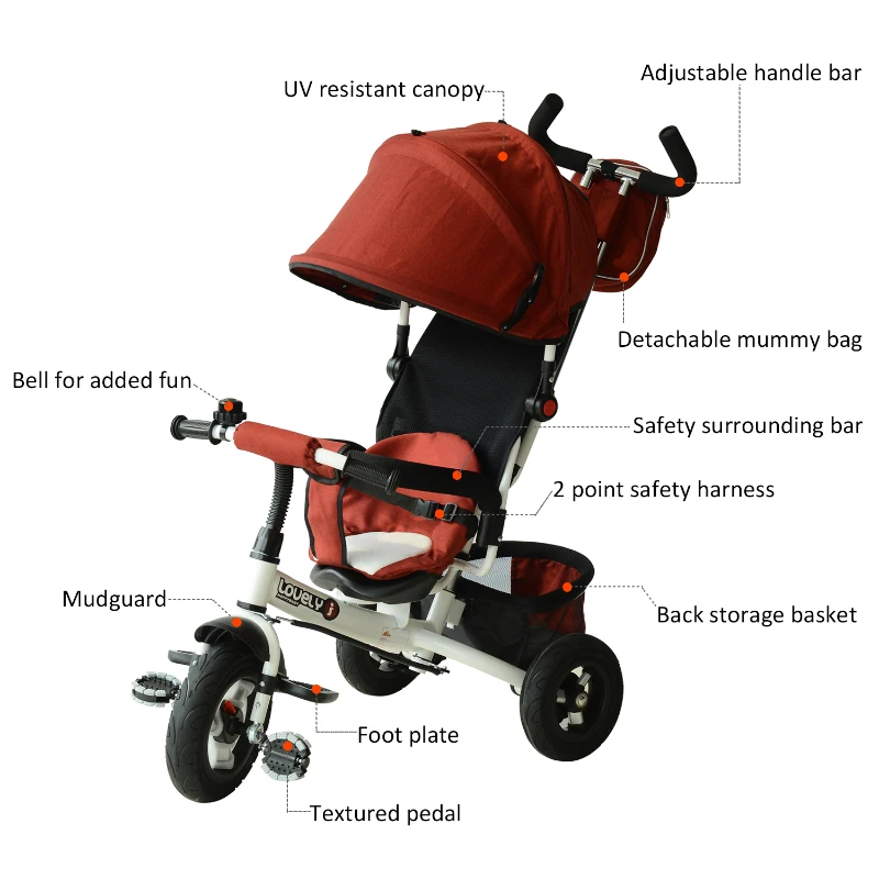 Qaba 2-in-1 Lightweight Steel Adjustable Convertible Tricycle Stroller - Red