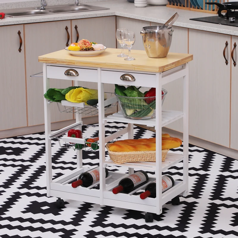 HOMCOM 30” Rolling Wood Top Kitchen Island Trolley Cart - White