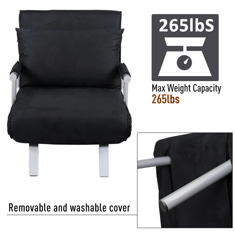 HomCom Single Person Folding 5 Position Steel Convertible Sleeper Bed Sofa Chair - Black