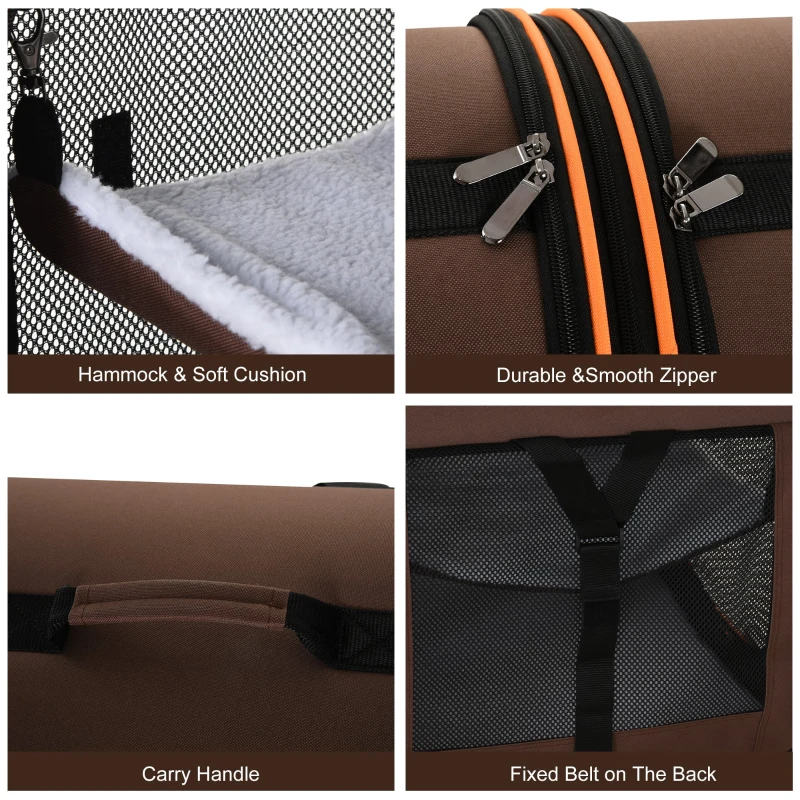 PawHut 39" Portable Soft-Sided Cat Carrier, Cat Kennel, Travel Dog Crate with Divider, Two Compartments, Soft Cushions & Storage Bag, Easy to Fold, Brown