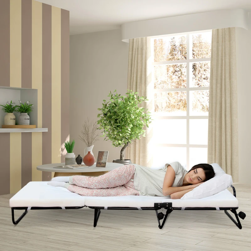 HomCom Twin Size Folding Convertible Sleeper Bed Ottoman with Beige Slipcover