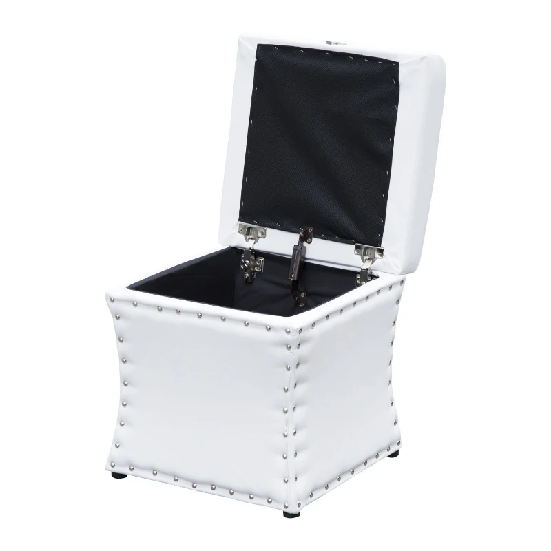 HomCom 17” Cube Faux Leather Storage Ottoman Footrest With Decorative Pull Out Tray - White
