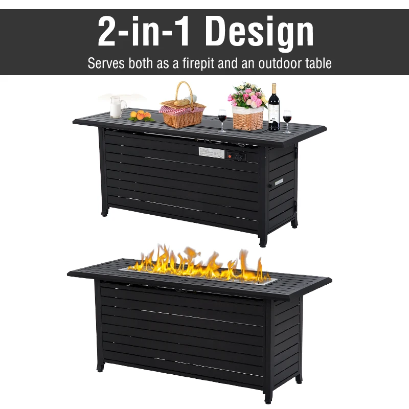 Outsunny 57" Black Bronzed Aluminum Rectangular Patio Gas Fire Pit with Table Lid