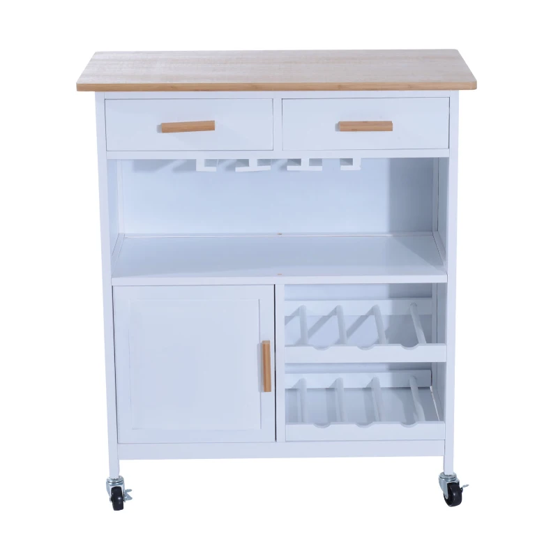 HomCom 30" Kitchen Island Rolling Cart With 6 Bottle Fancy Wine Rack Stemware Storage