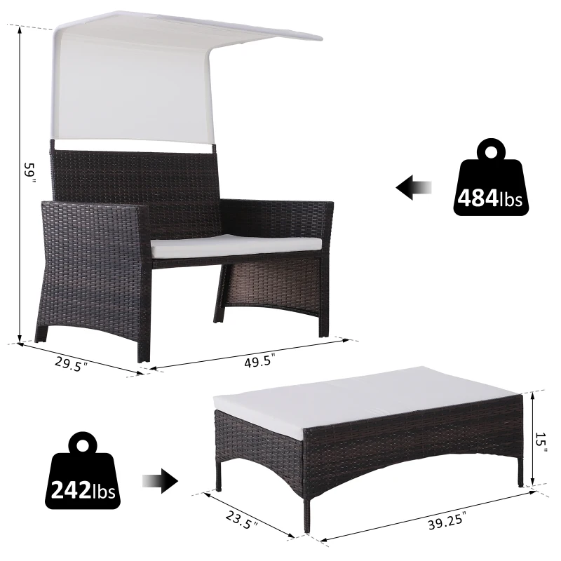 Outsunny 2 Piece Rattan Wicker Outdoor Loveseat with Sunshade Canopy and Nesting Ottoman Footrest - Brown